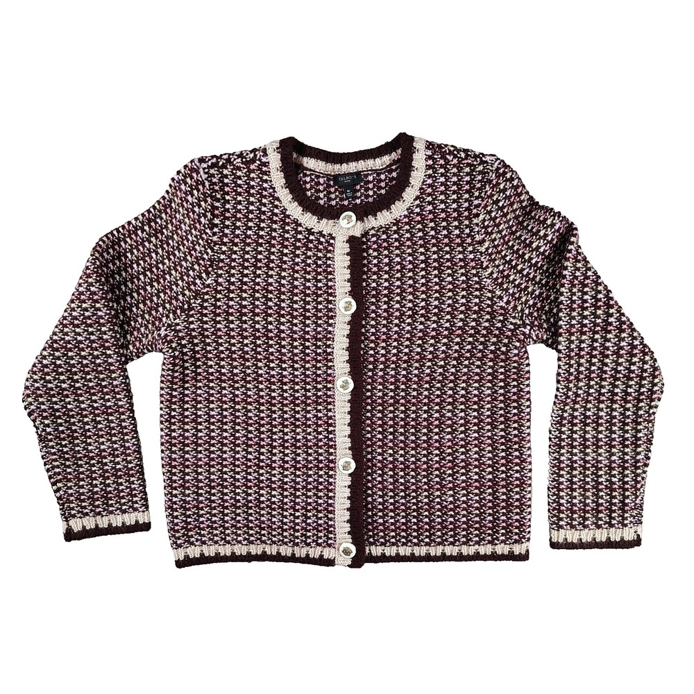 Talbots Petite MP Wool Blend Tweed Crewneck Cardigan Rich Burgundy Ornate Button